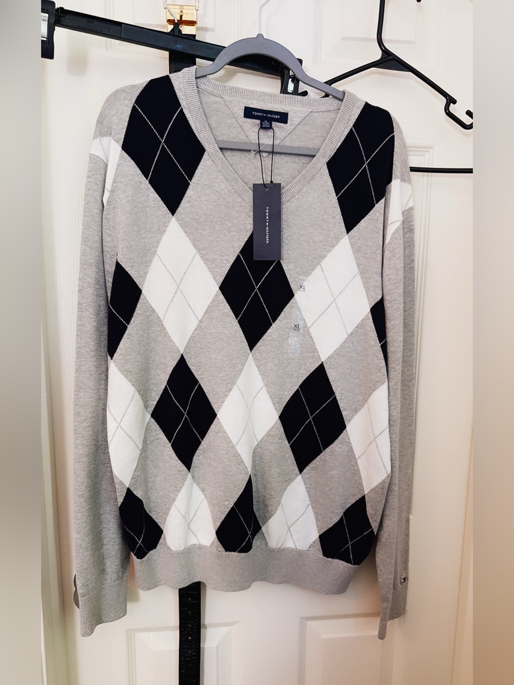 Tommy Hilfiger Men’s Gray, Black & White Argyle V-Neck Sweater